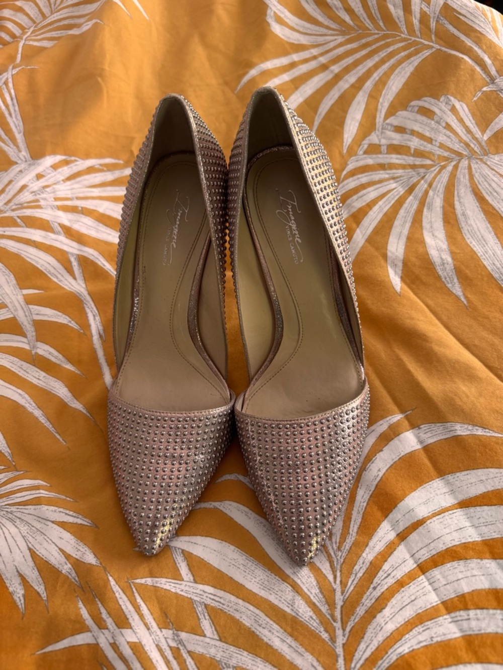 Vince Camuto silver Crystal-Studded Pointed Toe Pumps in metallic Pink